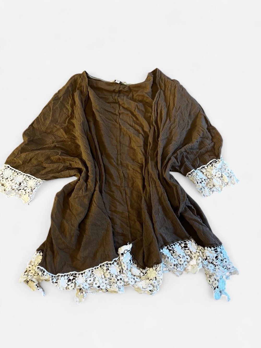 Umgee Brown Tunic with Cream Crochet Trim